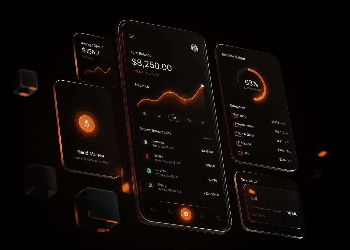 Glass mobile app interfaces built by Vivere Apps glowing in dark space